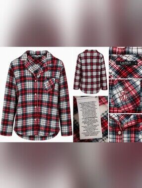 Lauren Ralph Lauren Plaid Fleece Pajama Top Women's M Button Front Red Soft